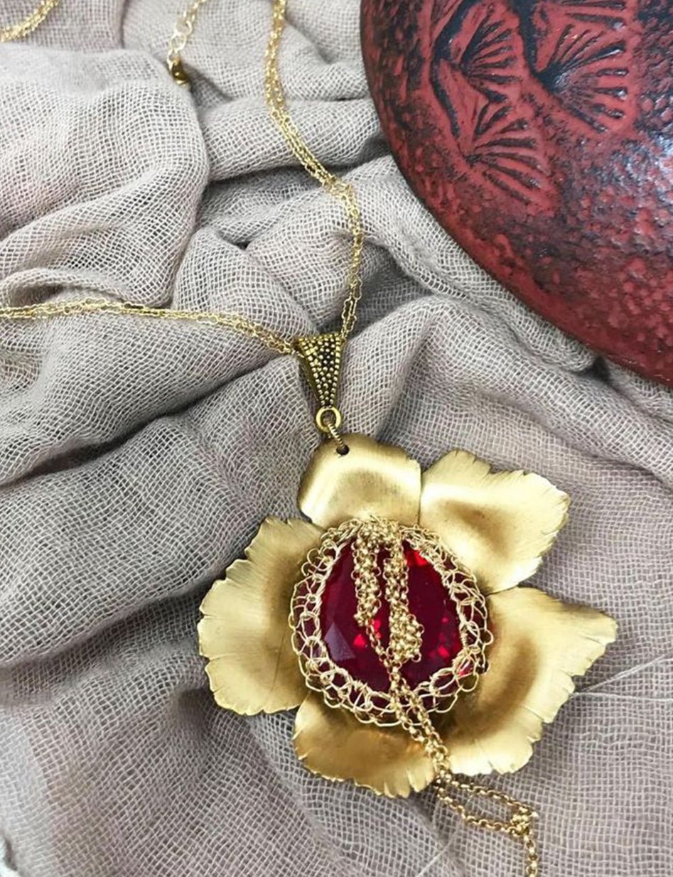 Bronze Rose with Red Swarovski Necklace La Vie Bien Bronze Rose with Red Swarovski Necklace