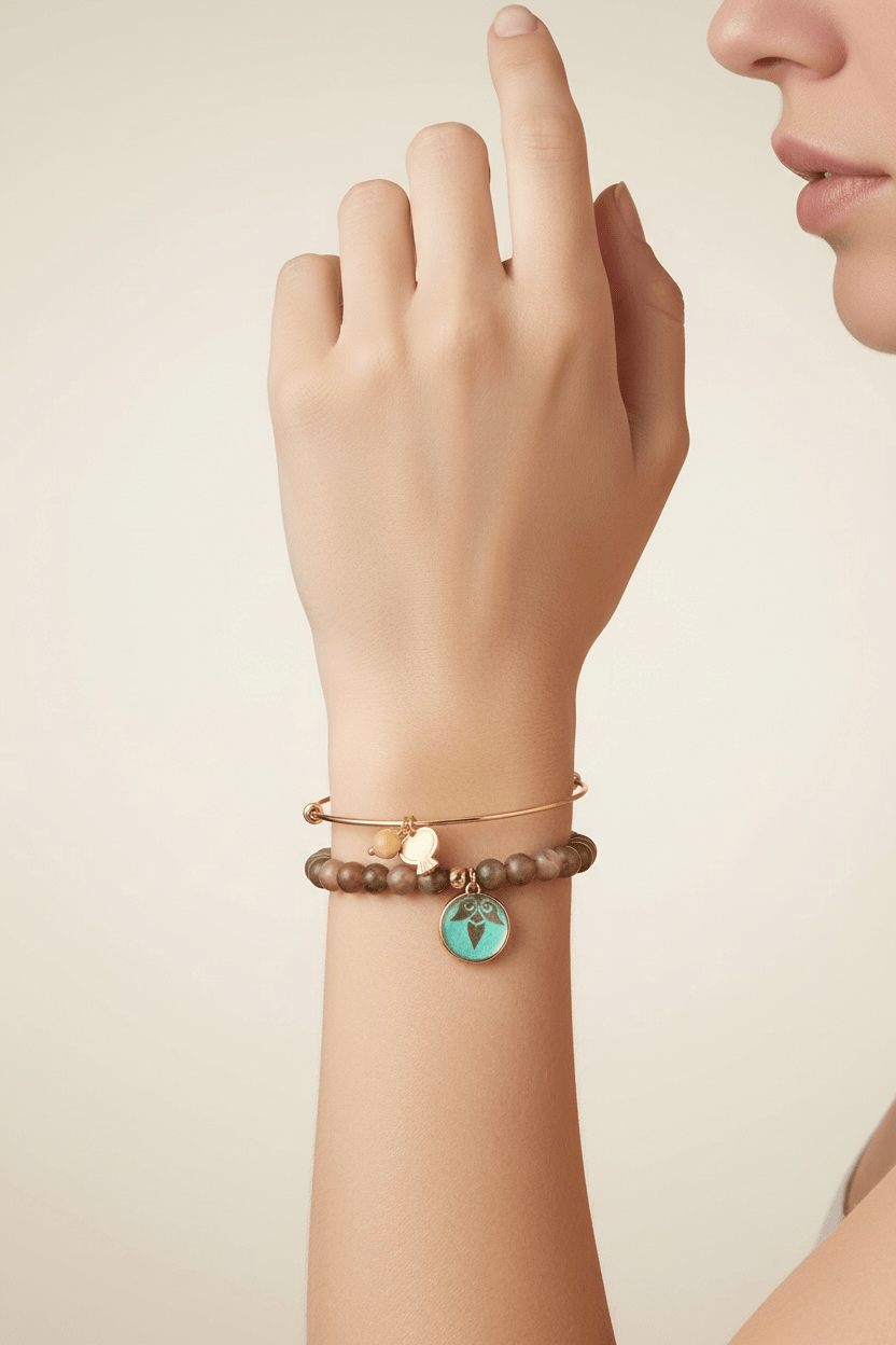 Brown Beaded Bracelet with Turquoise Patina Ornamental Charm Brass Bangle La Vie Bien Brown Beaded Bracelet with Turquoise Patina Ornamental Charm