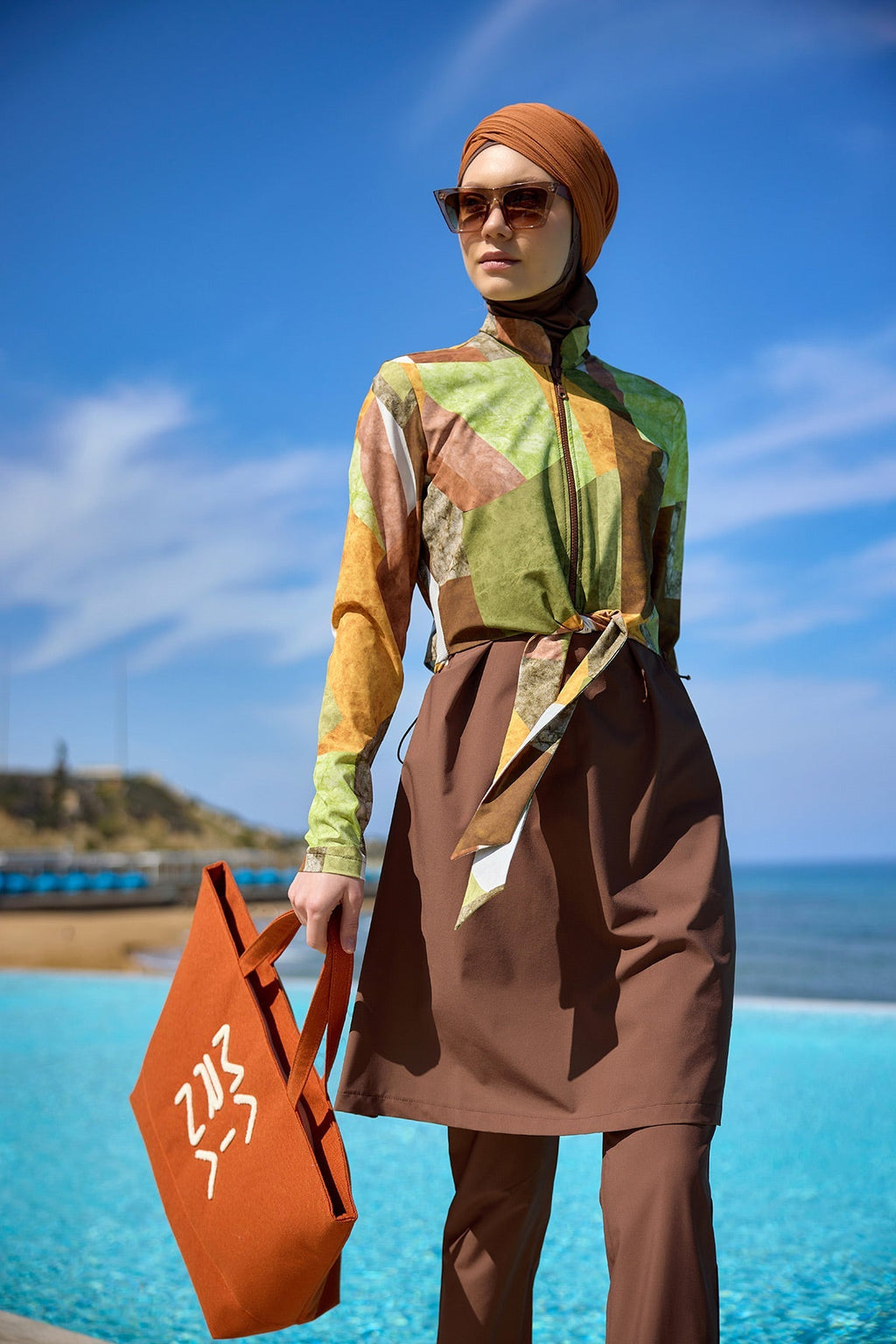 Brown Full Coverage Modest Swimwear Burkini Set M2530-1 Covered Burkini Swimwear La Vie Bien Brown Full Coverage Modest Swimwear Burkini Set M2530-1