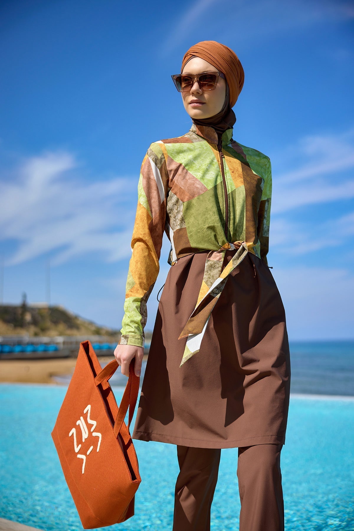 Brown Full Coverage Modest Swimwear Burkini Set M2530-1 Covered Burkini Swimwear La Vie Bien Brown Full Coverage Modest Swimwear Burkini Set M2530-1
