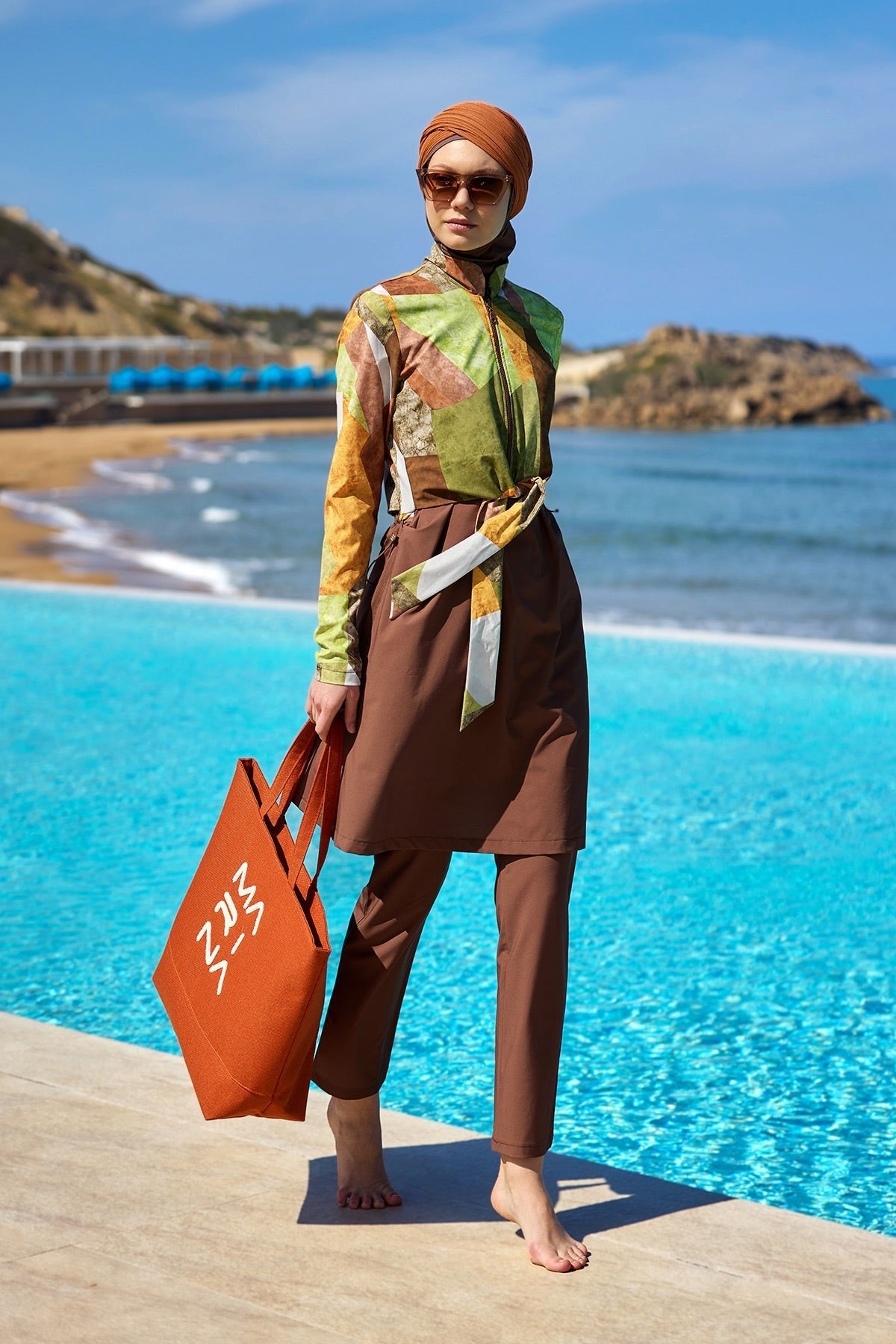 Brown Full Coverage Modest Swimwear Burkini Set M2530-1 Covered Burkini Swimwear La Vie Bien Brown Full Coverage Modest Swimwear Burkini Set M2530-1