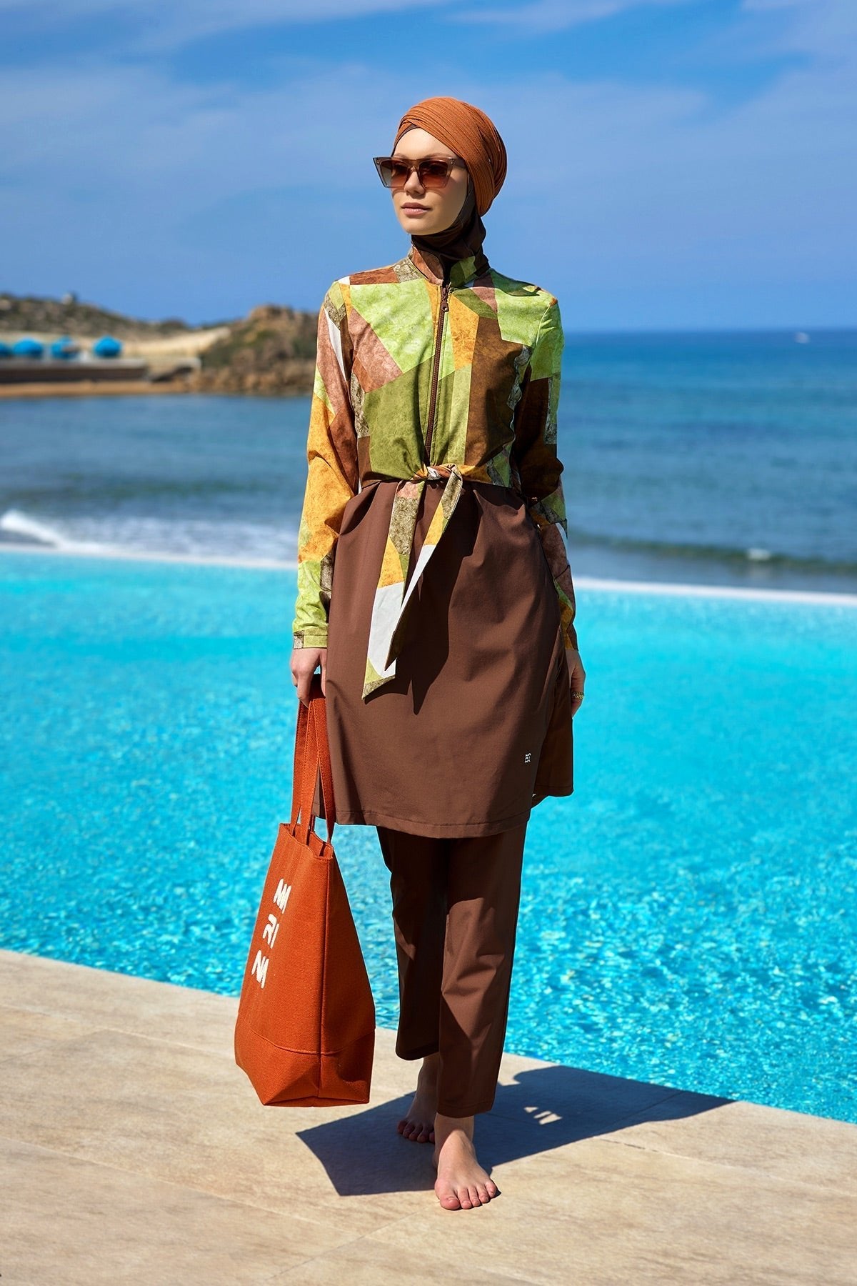 Brown Full Coverage Modest Swimwear Burkini Set M2530-1 Covered Burkini Swimwear La Vie Bien Brown Full Coverage Modest Swimwear Burkini Set M2530-1