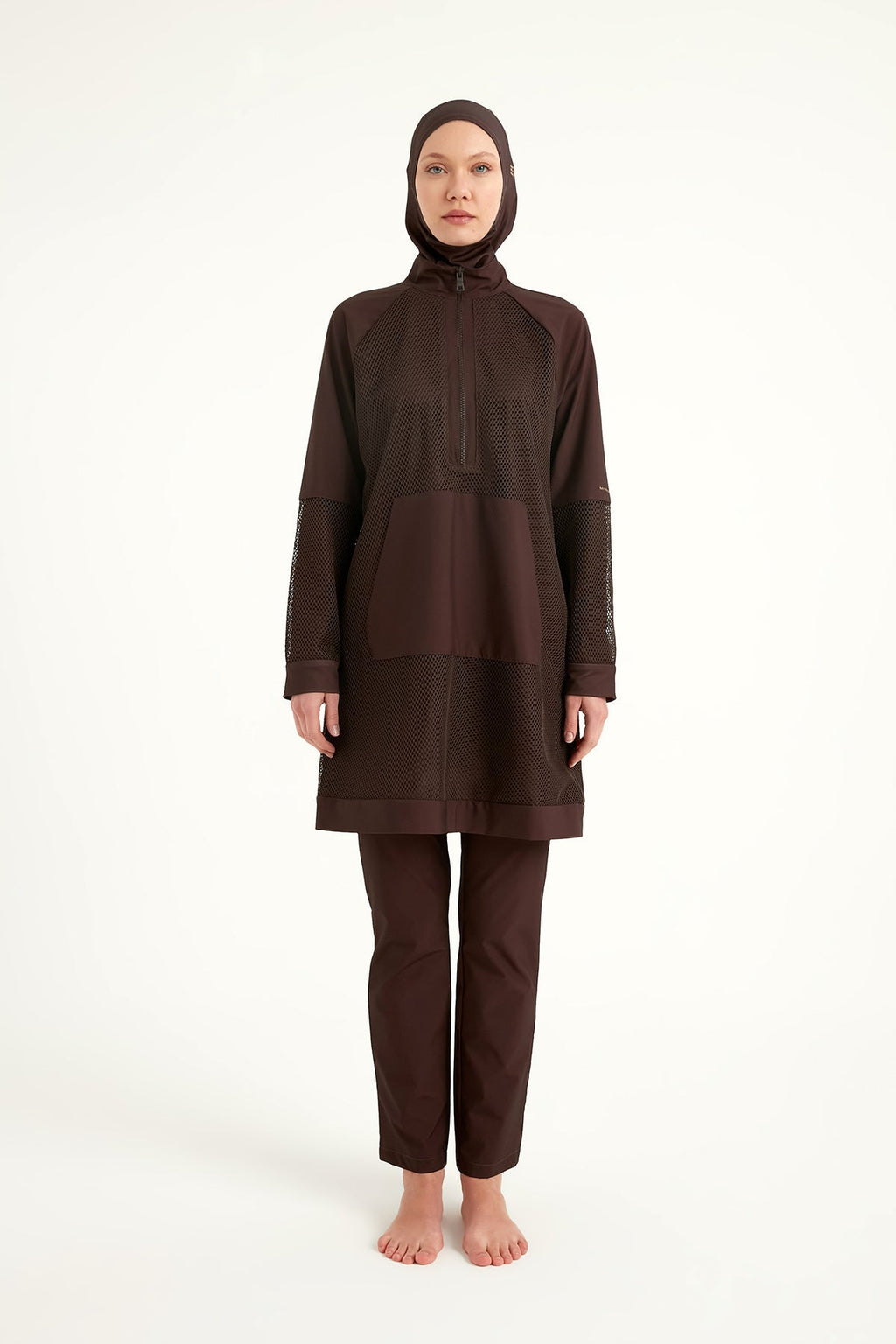 Brown Full Coverage Tulle Detail Modest Swimwear Burkini Set M2534-4 Covered Burkini Swimwear La Vie Bien Brown Full Coverage Tulle Detail Modest Swimwear Burkini Set M2534-4