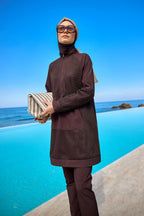 Brown Full Coverage Tulle Detail Modest Swimwear Burkini Set M2534-4 Covered Burkini Swimwear La Vie Bien Brown Full Coverage Tulle Detail Modest Swimwear Burkini Set M2534-4