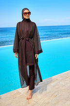 Brown Full Coverage Tulle Detail Modest Swimwear Burkini Set M2534-4 Covered Burkini Swimwear La Vie Bien Brown Full Coverage Tulle Detail Modest Swimwear Burkini Set M2534-4