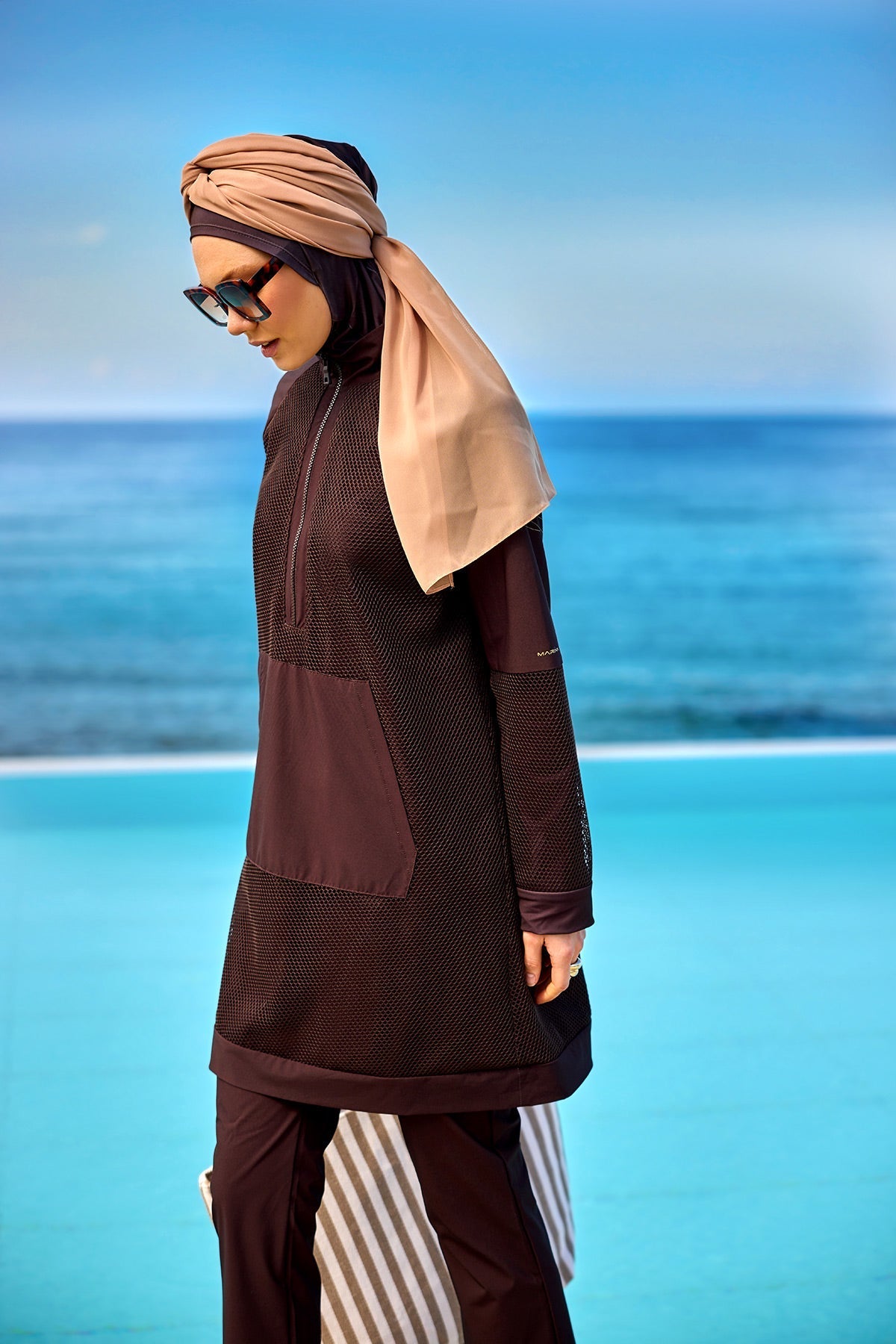 Brown Full Coverage Tulle Detail Modest Swimwear Burkini Set M2534-4 Covered Burkini Swimwear La Vie Bien Brown Full Coverage Tulle Detail Modest Swimwear Burkini Set M2534-4
