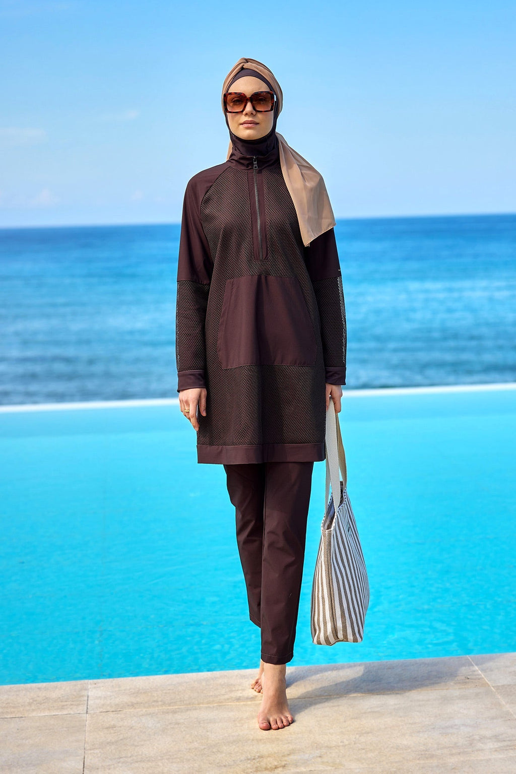 Brown Full Coverage Tulle Detail Modest Swimwear Burkini Set M2534-4 Covered Burkini Swimwear La Vie Bien Brown Full Coverage Tulle Detail Modest Swimwear Burkini Set M2534-4