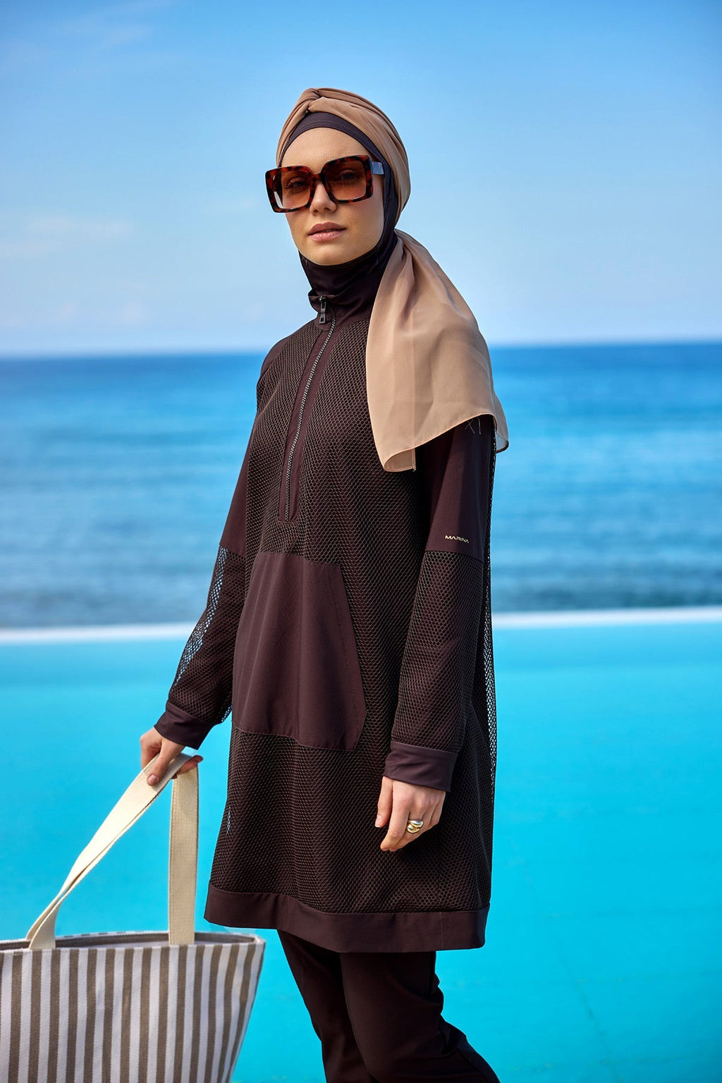 Brown Full Coverage Tulle Detail Modest Swimwear Burkini Set M2534-4 Covered Burkini Swimwear La Vie Bien Brown Full Coverage Tulle Detail Modest Swimwear Burkini Set M2534-4