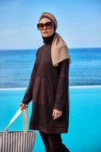 Brown Full Coverage Tulle Detail Modest Swimwear Burkini Set M2534-4 Covered Burkini Swimwear La Vie Bien Brown Full Coverage Tulle Detail Modest Swimwear Burkini Set M2534-4