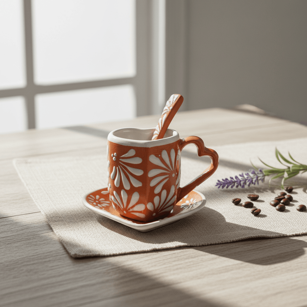 Brown Talavera Heart Mug Set | Cup, Plate & Spoon Talavera Mug La Vie Bien Brown Talavera Heart Mug Set | Cup, Plate & Spoon