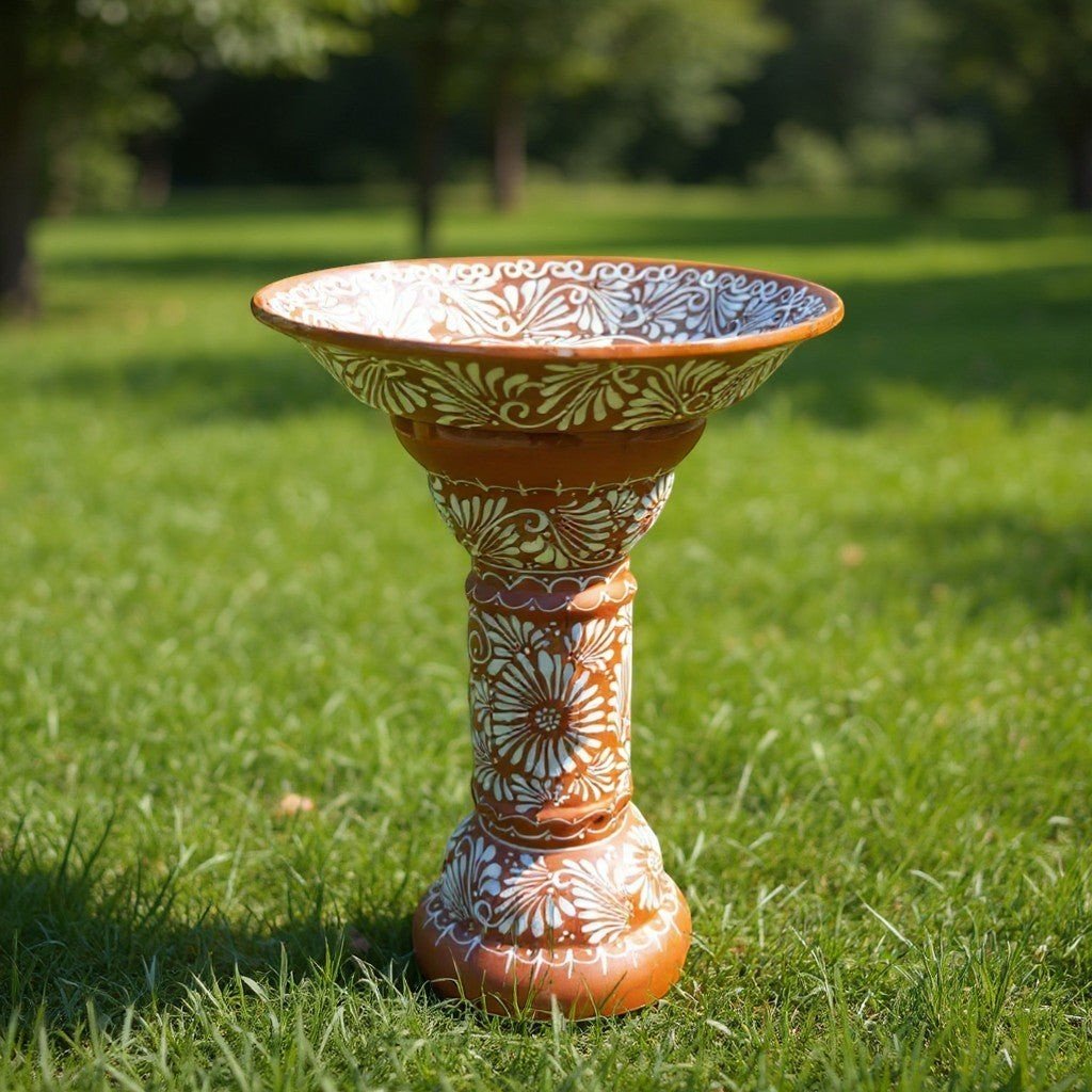 Brown & White Talavera Bird Bath | Handmade Garden Accent Talavera Bird Bath La Vie Bien Brown & White Talavera Bird Bath | Handmade Garden Accent