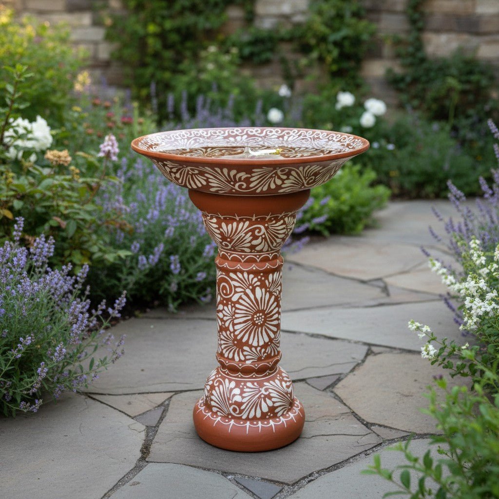 Brown & White Talavera Bird Bath | Handmade Garden Accent Talavera Bird Bath La Vie Bien Brown & White Talavera Bird Bath | Handmade Garden Accent
