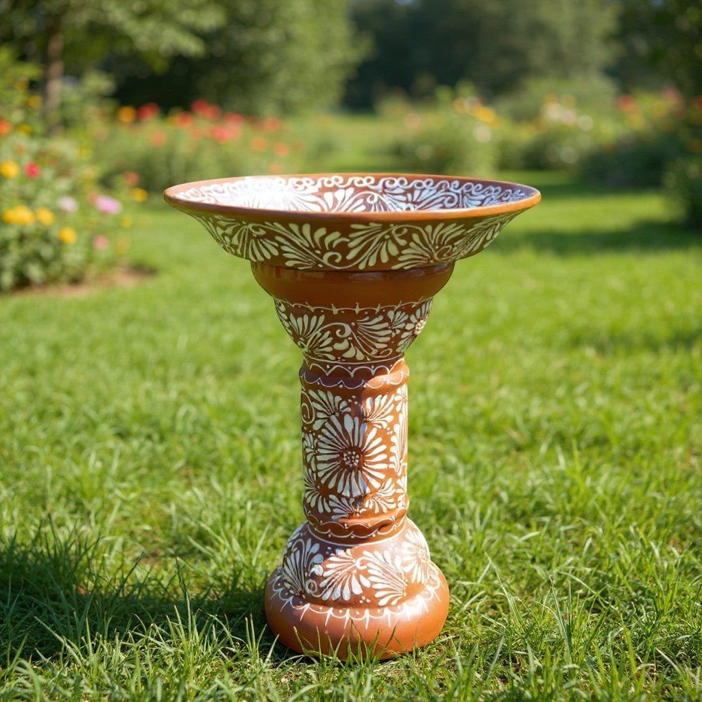 Brown & White Talavera Bird Bath | Handmade Garden Accent Talavera Bird Bath La Vie Bien Brown & White Talavera Bird Bath | Handmade Garden Accent