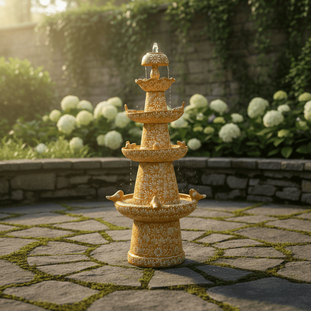 Brown & White Talavera Fountain | Tiered Floral Garden Decor Talavera Fountain La Vie Bien Brown & White Talavera Fountain | Tiered Floral Garden Decor