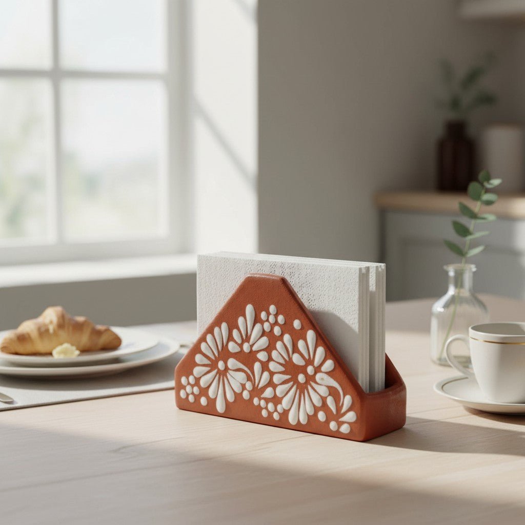 Brown & White Talavera Napkin Holder | Floral Glazed Design Talavera Napkin Holder La Vie Bien Brown & White Talavera Napkin Holder | Floral Glazed Design