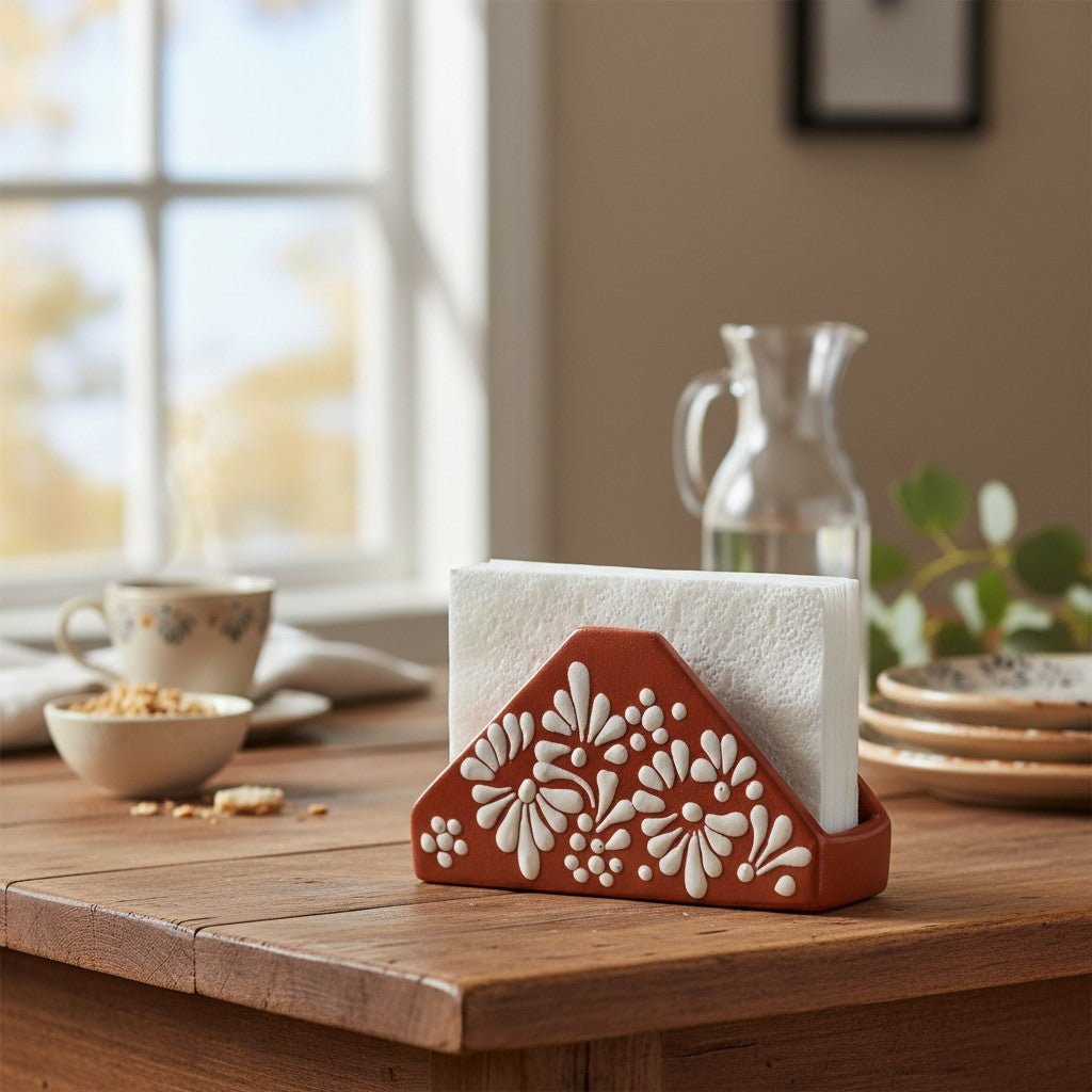 Brown & White Talavera Napkin Holder | Floral Glazed Design Talavera Napkin Holder La Vie Bien Brown & White Talavera Napkin Holder | Floral Glazed Design