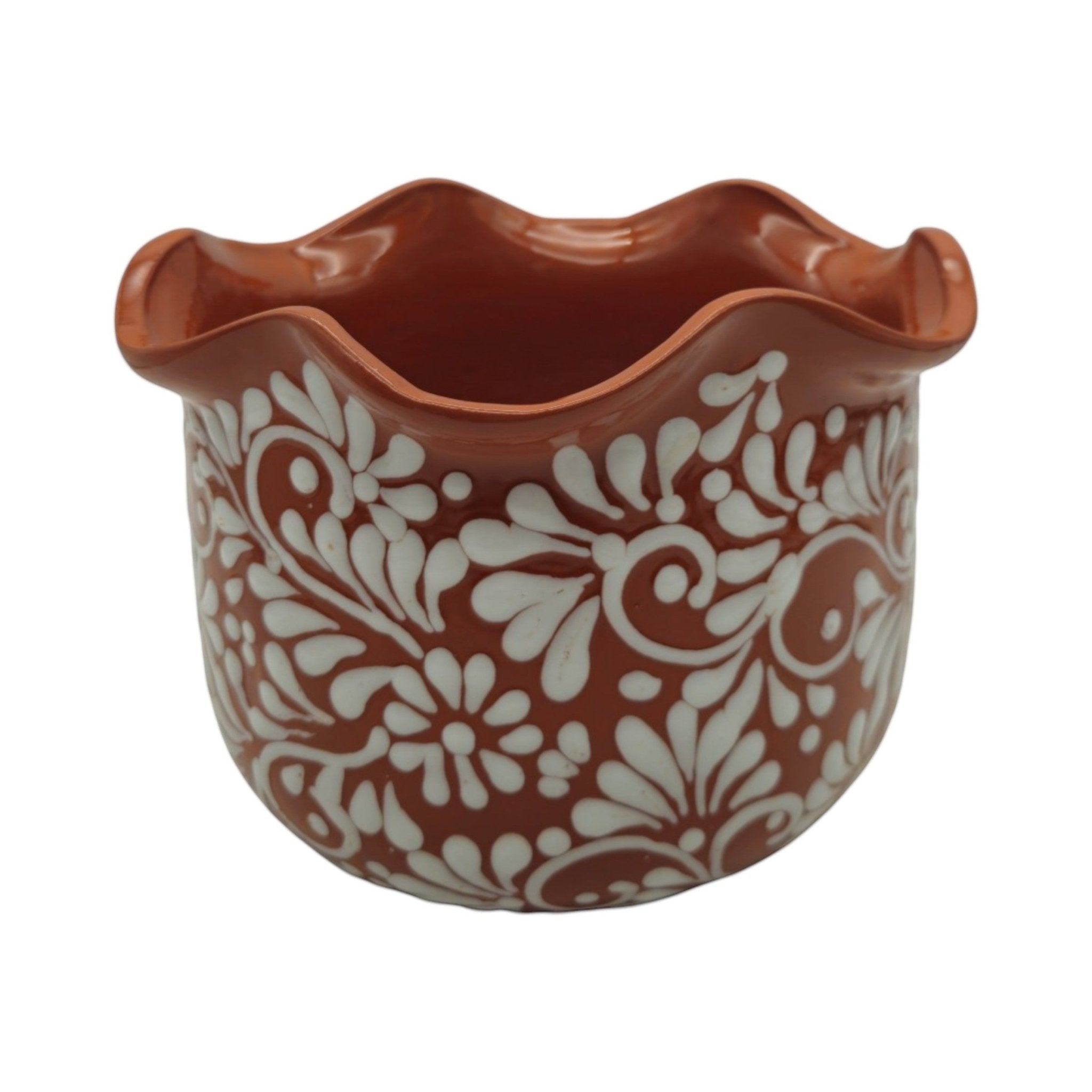 Brown & White Talavera Planter | Handcrafted Wavy Rim Pot Talavera Flower Pot La Vie Bien Brown & White Talavera Planter | Handcrafted Wavy Rim Pot