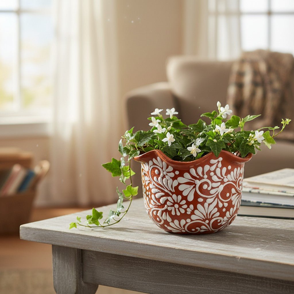 Brown & White Talavera Planter | Handcrafted Wavy Rim Pot Talavera Flower Pot La Vie Bien Brown & White Talavera Planter | Handcrafted Wavy Rim Pot