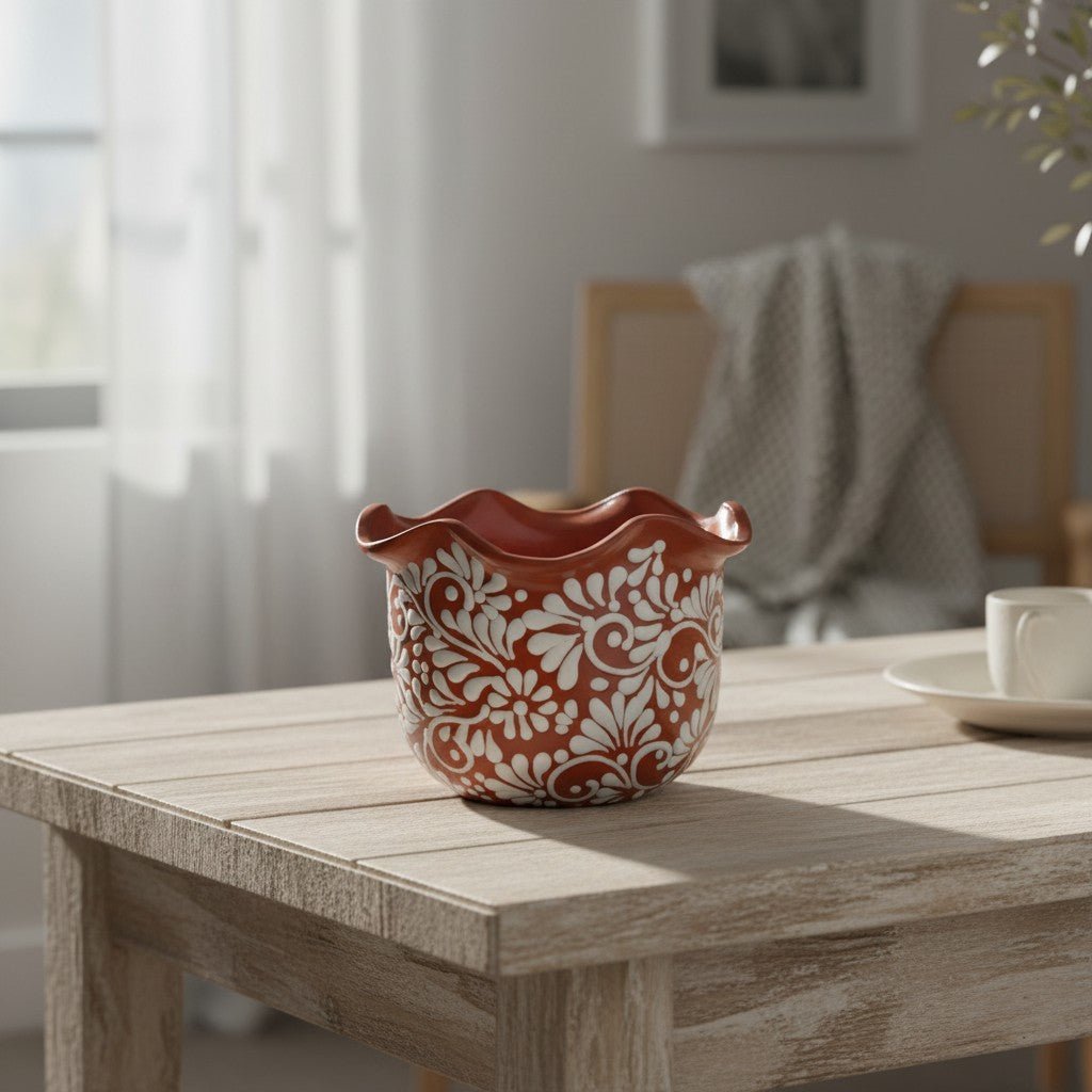 Brown & White Talavera Planter | Handcrafted Wavy Rim Pot Talavera Flower Pot La Vie Bien Brown & White Talavera Planter | Handcrafted Wavy Rim Pot