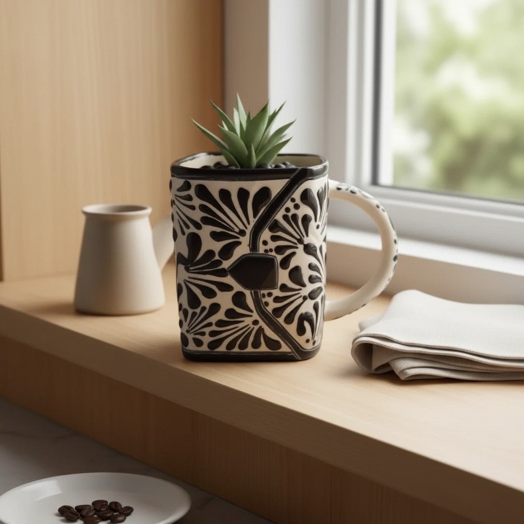 Brown & White Talavera Purse Planter | Handmade Pot Talavera Flower Pot La Vie Bien Brown & White Talavera Purse Planter | Handmade Pot