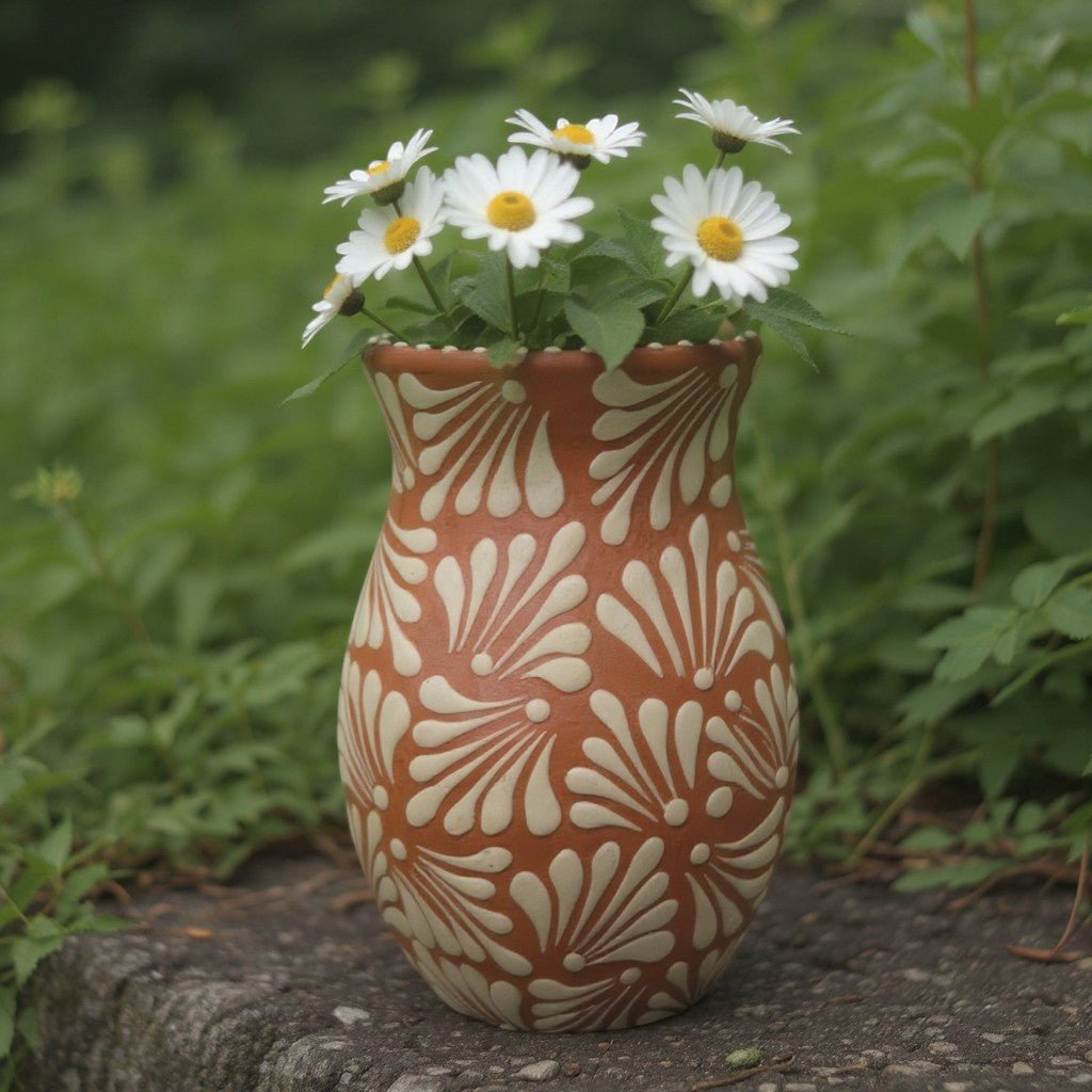 Brown & White Talavera Relief Vase | Hand-Painted Pottery Talavera Planter La Vie Bien Brown & White Talavera Relief Vase | Hand-Painted Pottery