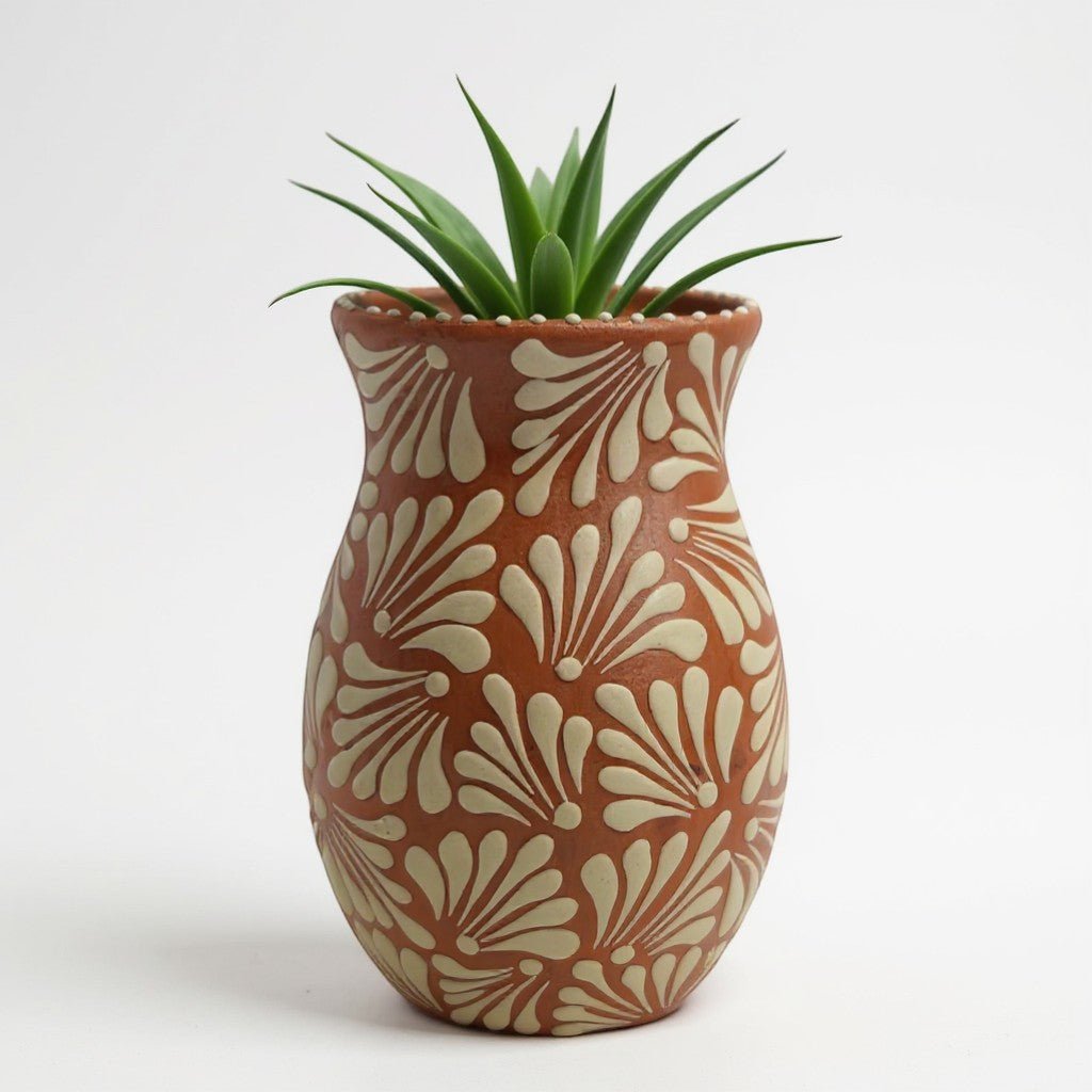 Brown & White Talavera Relief Vase | Hand-Painted Pottery Talavera Planter La Vie Bien Brown & White Talavera Relief Vase | Hand-Painted Pottery