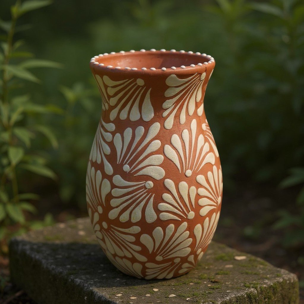 Brown & White Talavera Relief Vase | Hand-Painted Pottery Talavera Planter La Vie Bien Brown & White Talavera Relief Vase | Hand-Painted Pottery