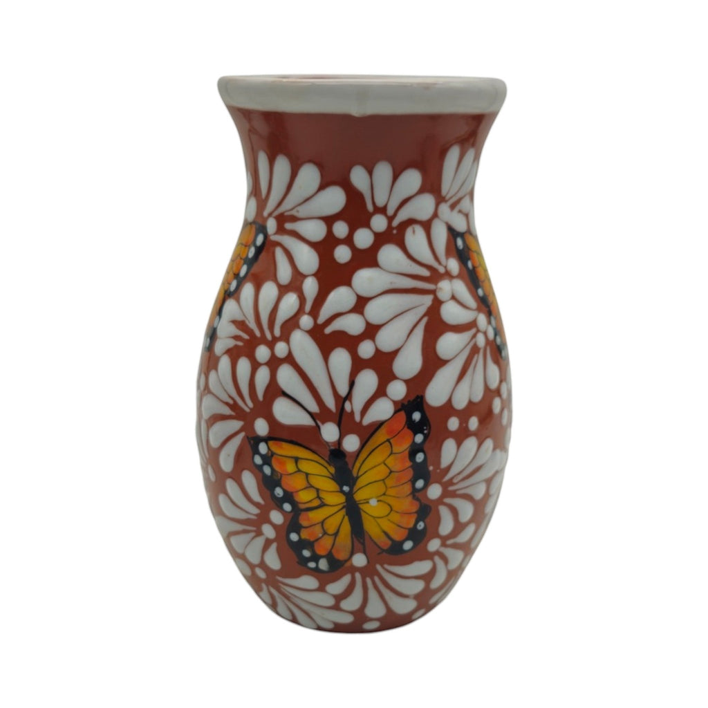 Brown & White Talavera Vase | Monarch Butterfly Relief Design Talavera Planter La Vie Bien Brown & White Talavera Vase | Monarch Butterfly Relief Design