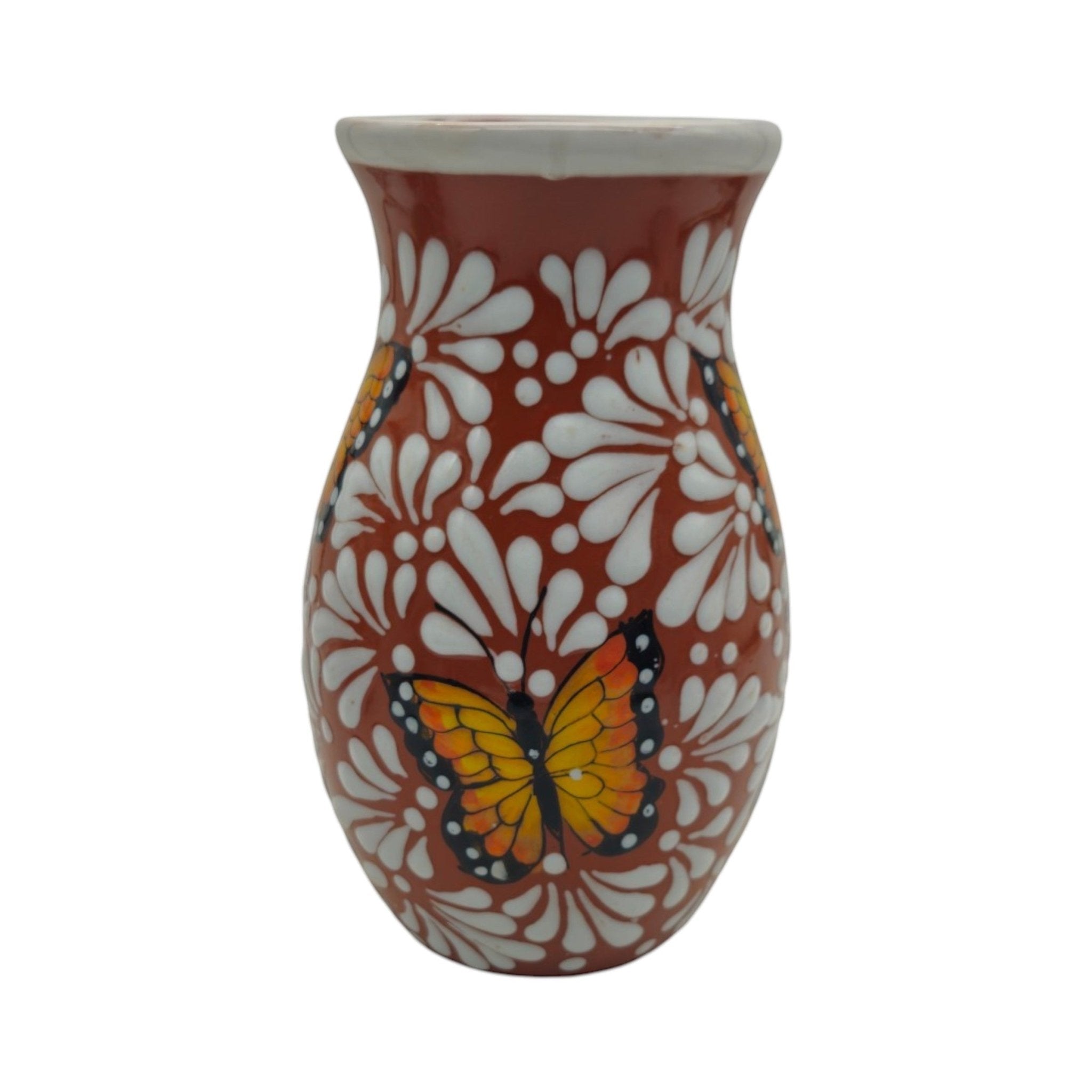 Brown & White Talavera Vase | Monarch Butterfly Relief Design Talavera Planter La Vie Bien Brown & White Talavera Vase | Monarch Butterfly Relief Design