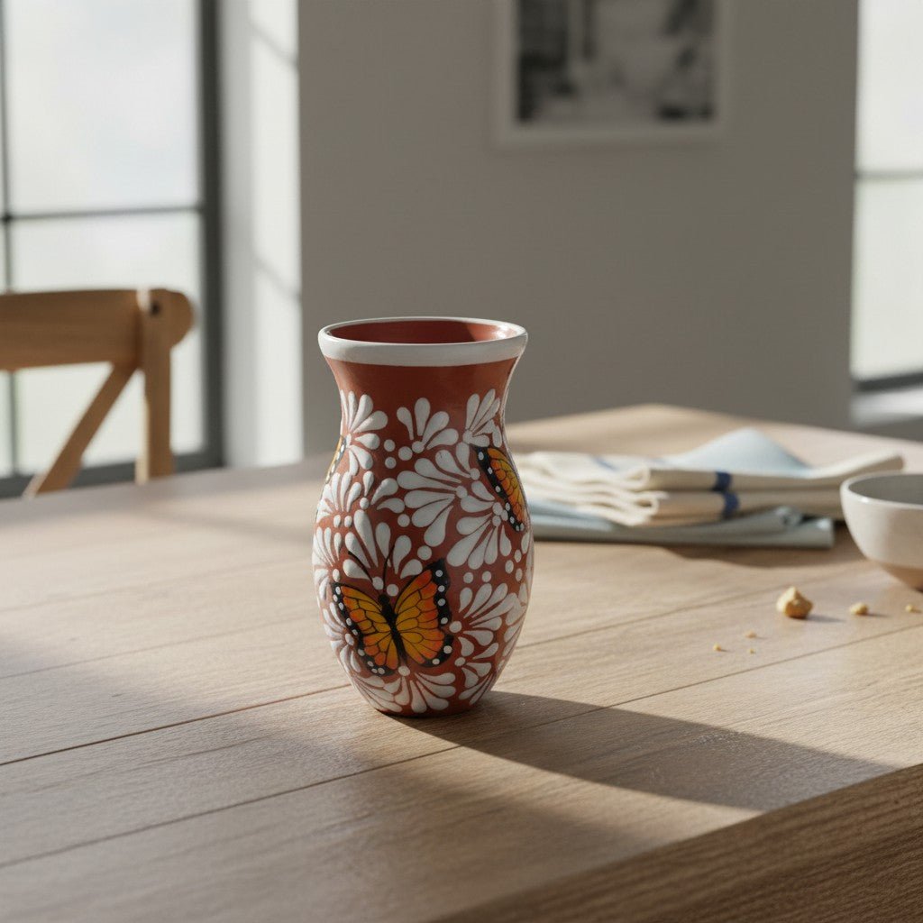 Brown & White Talavera Vase | Monarch Butterfly Relief Design Talavera Planter La Vie Bien Brown & White Talavera Vase | Monarch Butterfly Relief Design