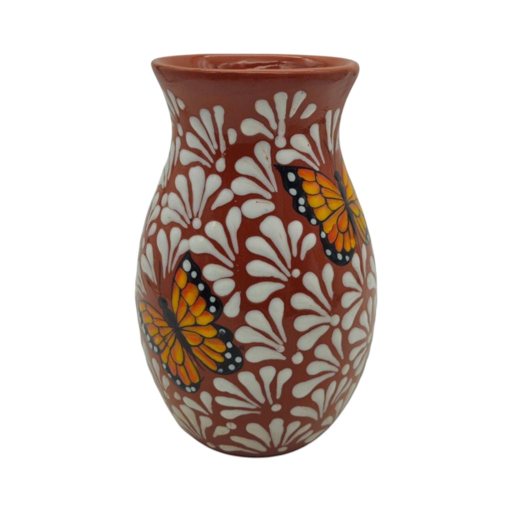 Brown & White Talavera Vase | Monarch Butterfly Relief Design Talavera Planter La Vie Bien Brown & White Talavera Vase | Monarch Butterfly Relief Design