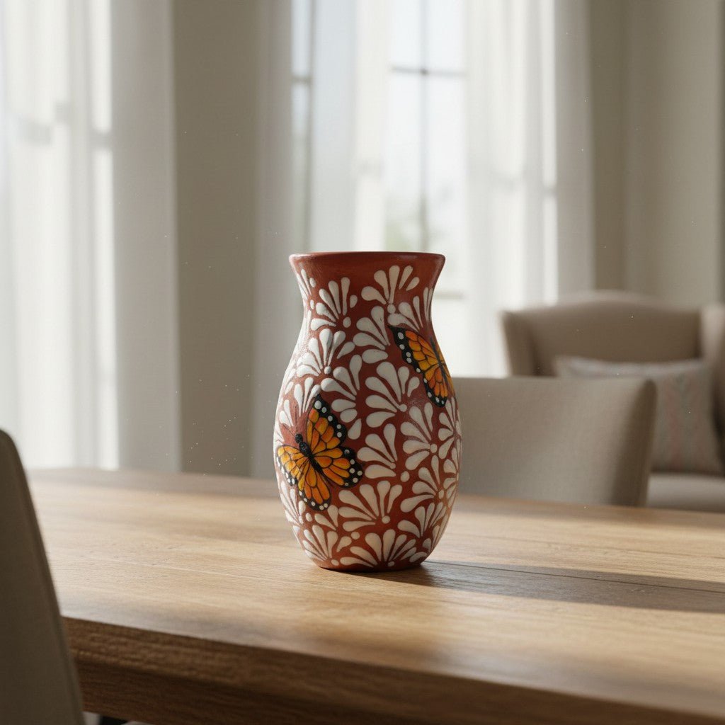 Brown & White Talavera Vase | Monarch Butterfly Relief Design Talavera Planter La Vie Bien Brown & White Talavera Vase | Monarch Butterfly Relief Design