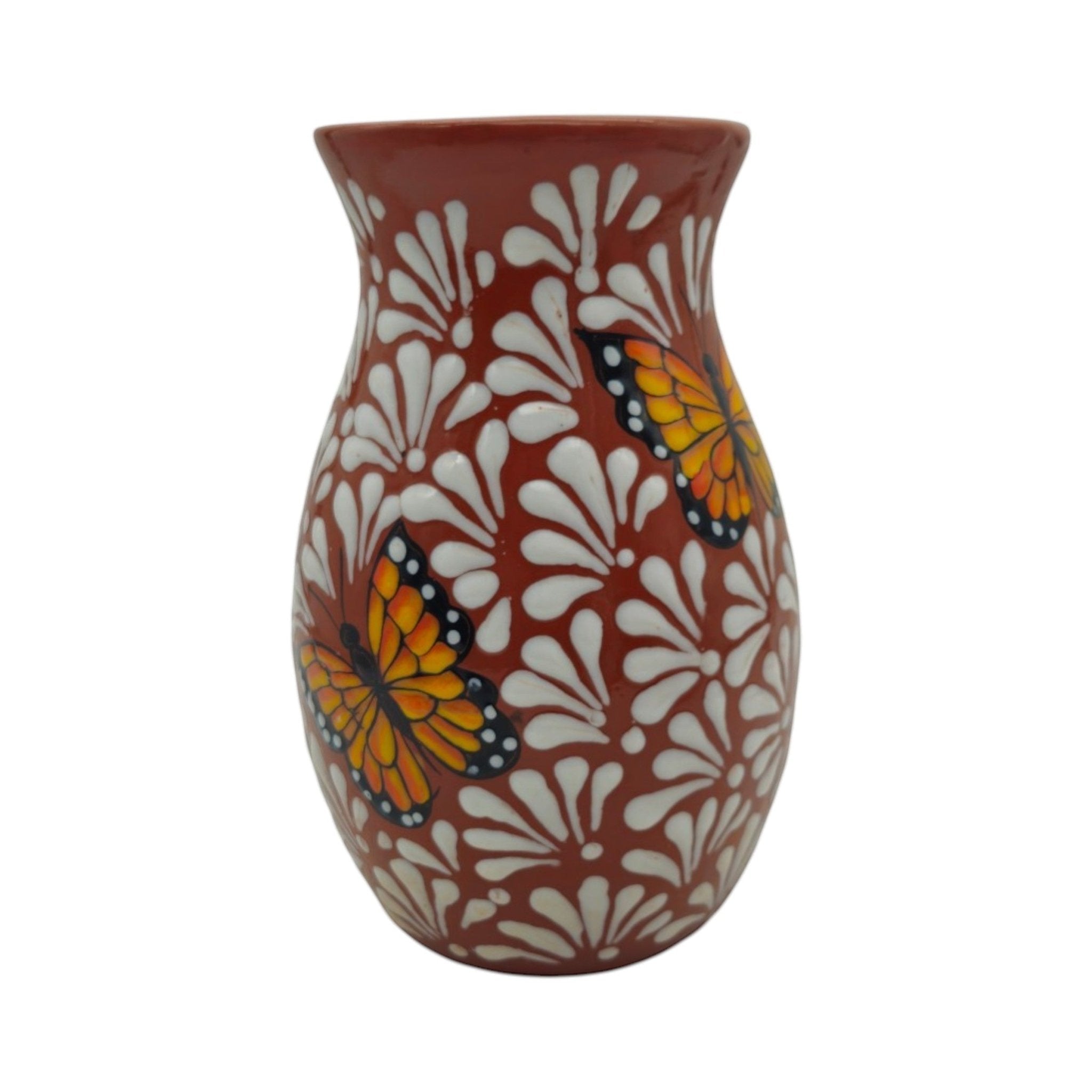 Brown & White Talavera Vase | Monarch Butterfly Relief Design Talavera Planter La Vie Bien Brown & White Talavera Vase | Monarch Butterfly Relief Design