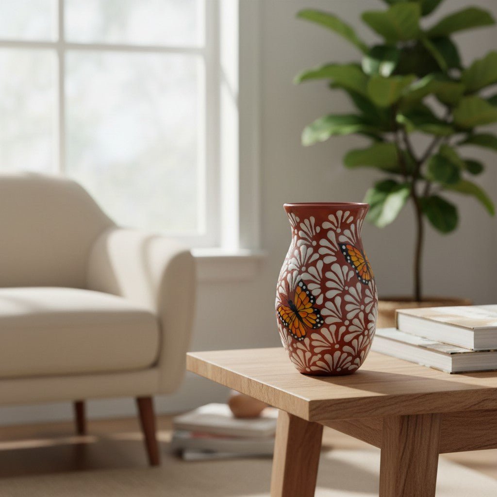 Brown & White Talavera Vase | Monarch Butterfly Relief Design Talavera Planter La Vie Bien Brown & White Talavera Vase | Monarch Butterfly Relief Design