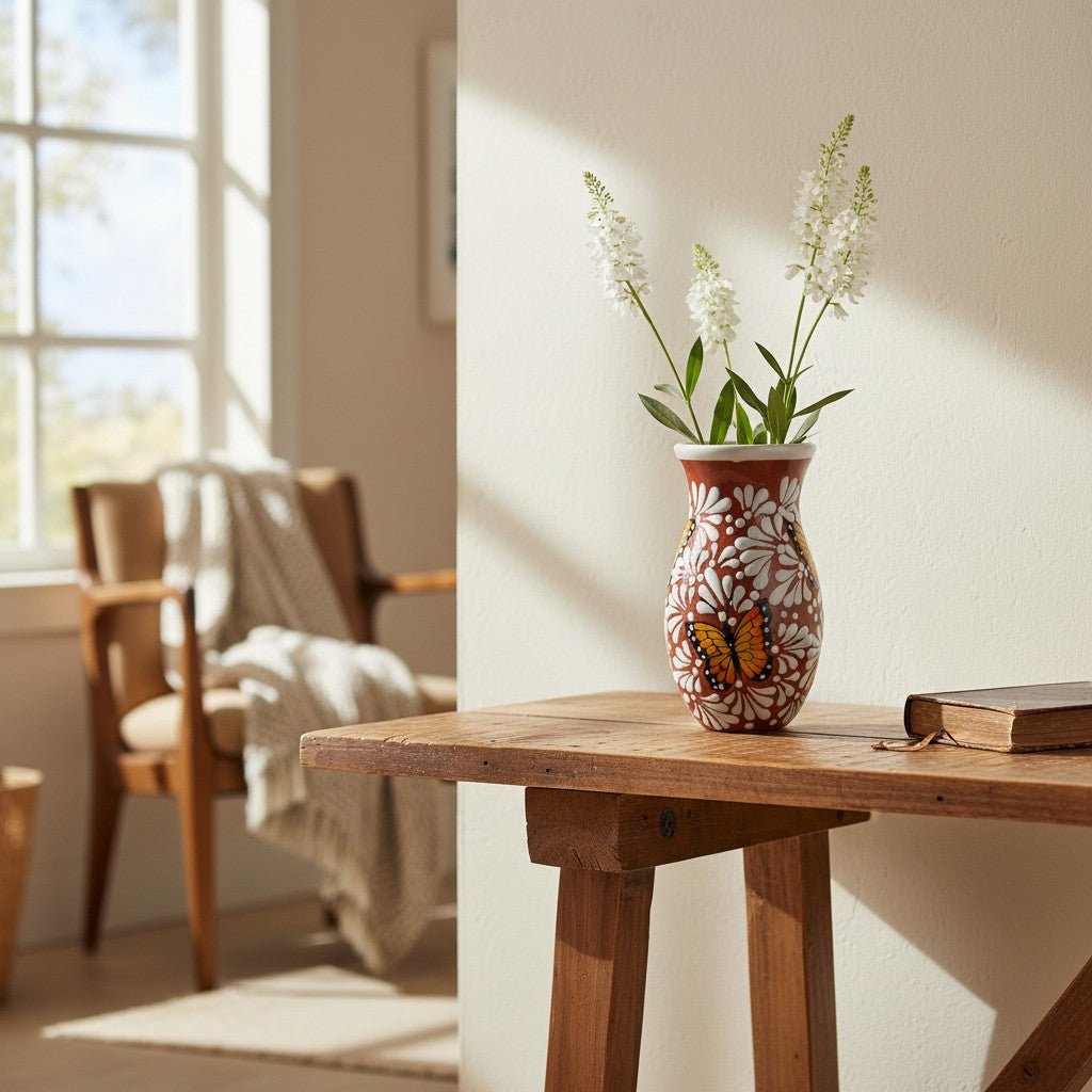 Brown & White Talavera Vase | Monarch Butterfly Relief Design Talavera Planter La Vie Bien Brown & White Talavera Vase | Monarch Butterfly Relief Design