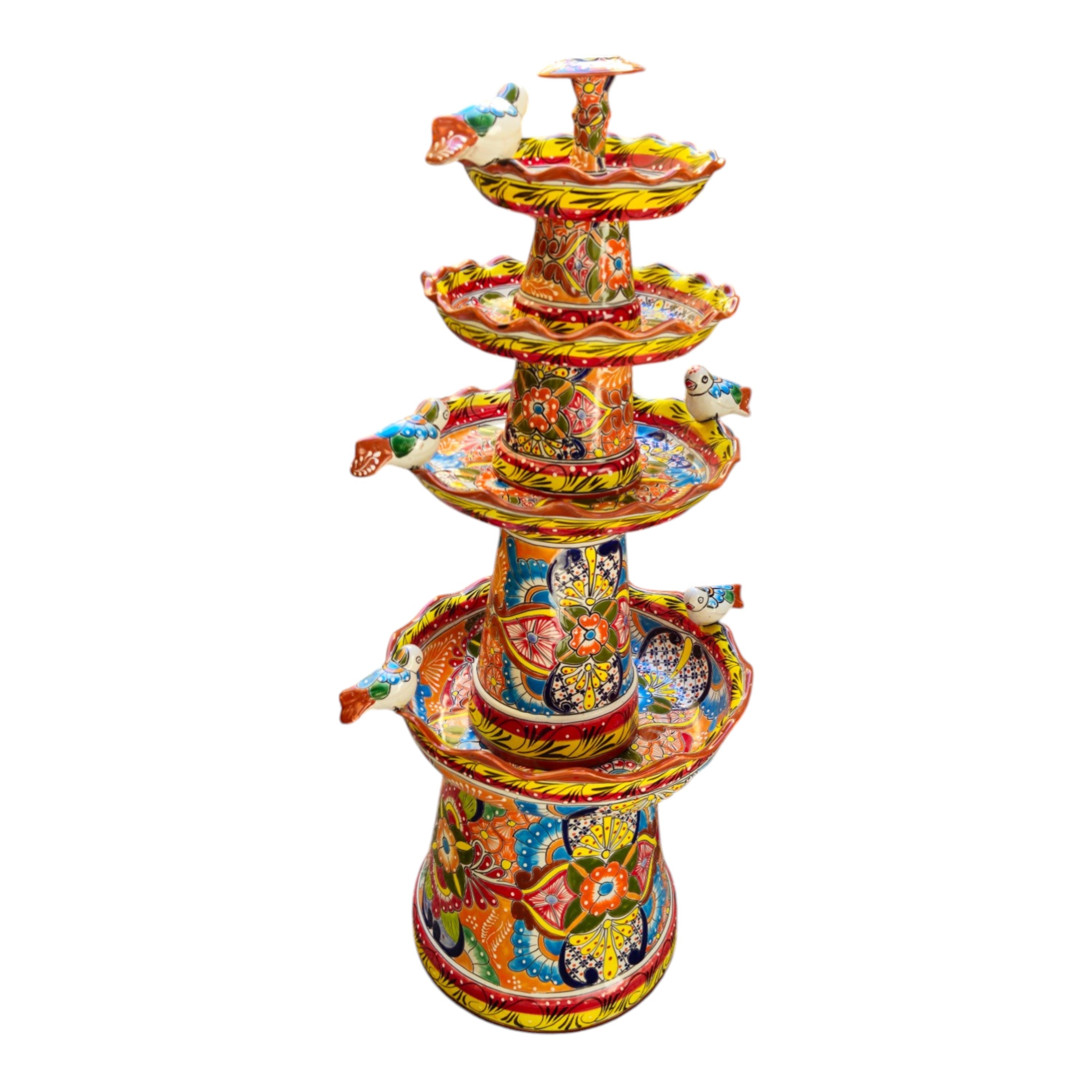 Brown & Yellow Talavera Fountain | Hand-Painted Multicolor Tiered Art