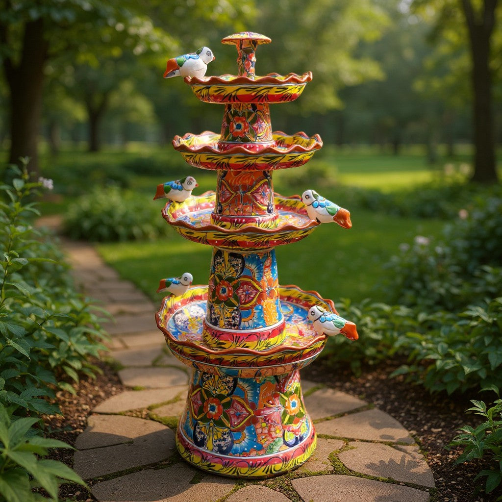 Brown & Yellow Talavera Fountain | Hand-Painted Multicolor Tiered Art