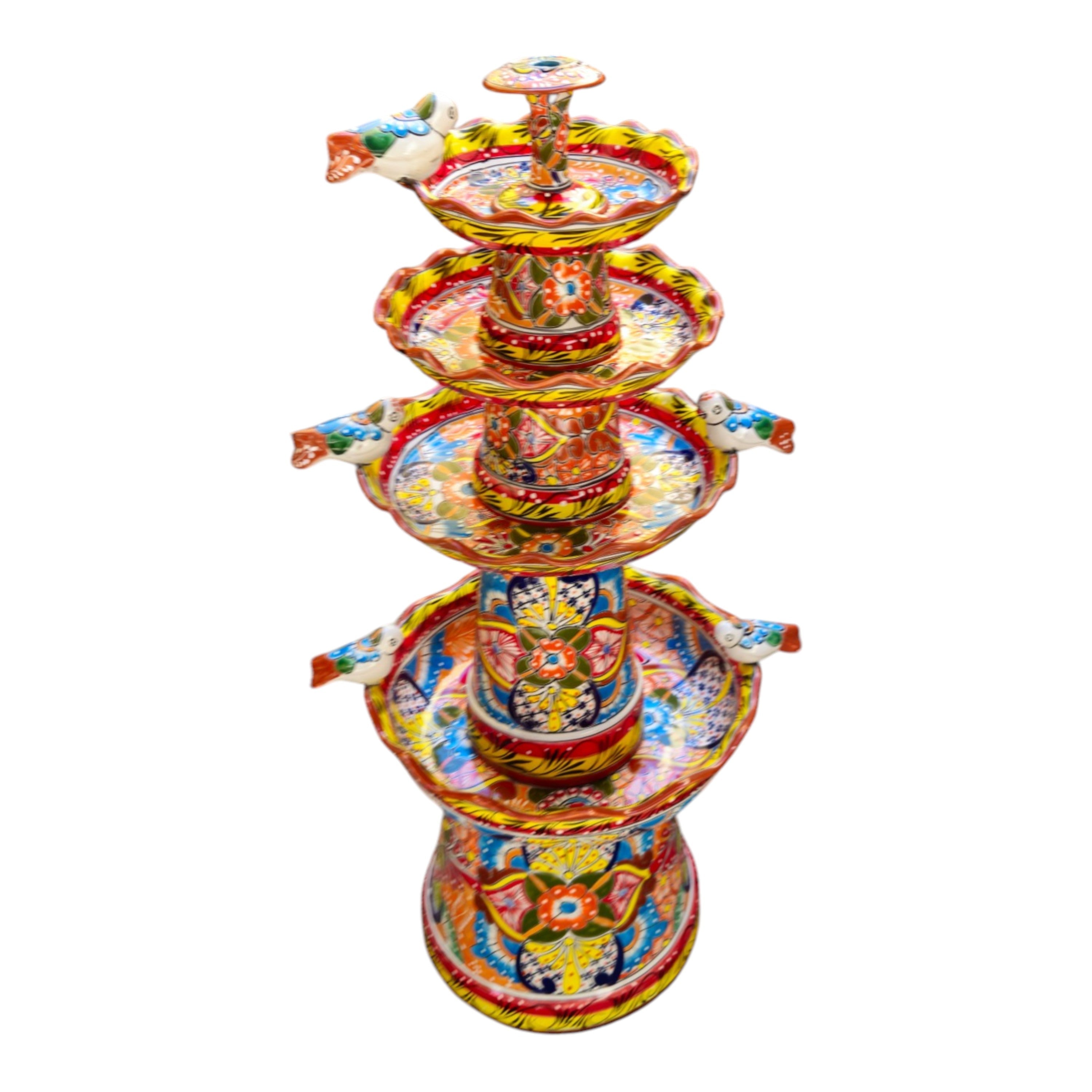 Brown & Yellow Talavera Fountain | Hand-Painted Multicolor Tiered Art
