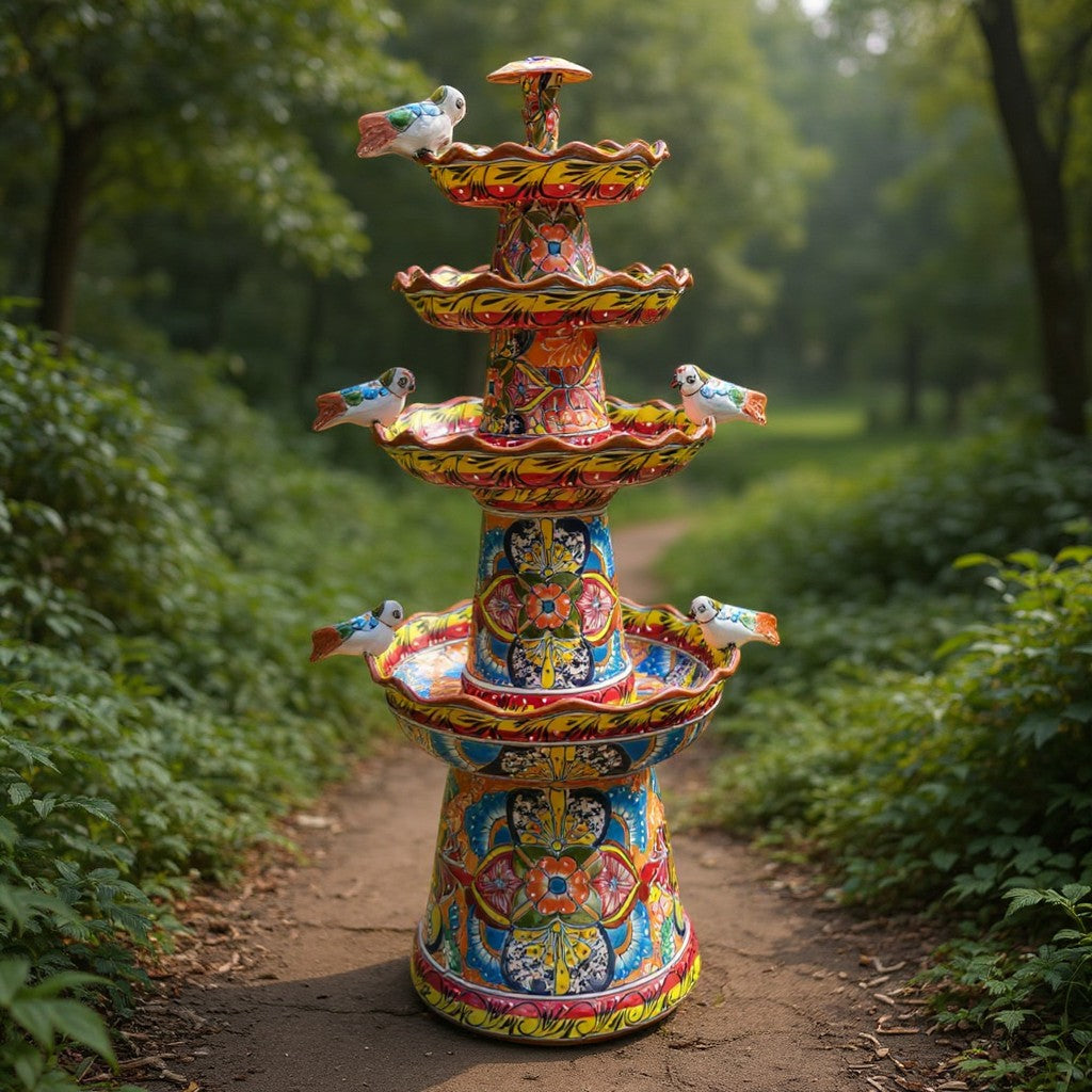 Brown & Yellow Talavera Fountain | Hand-Painted Multicolor Tiered Art