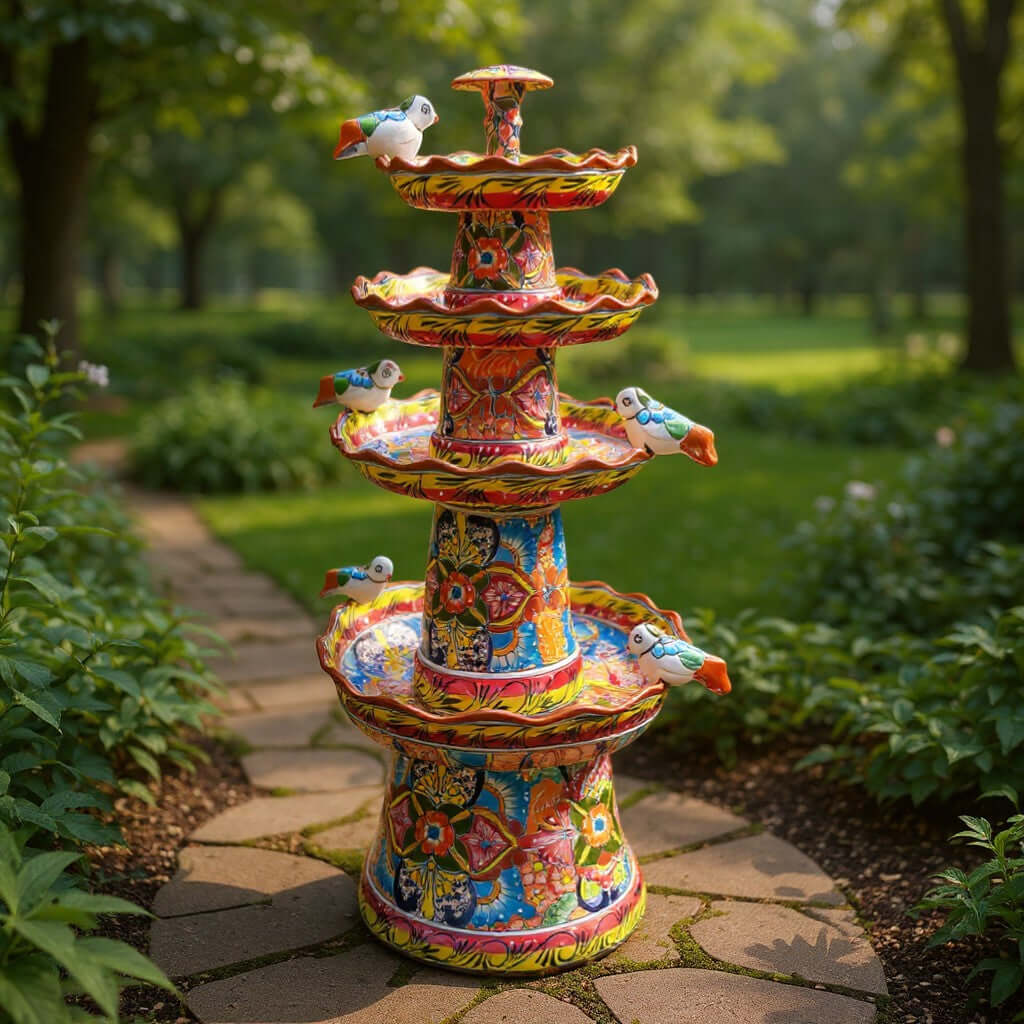 Brown & Yellow Talavera Fountain | Hand-Painted Multicolor Tiered Art Talavera Fountain La Vie Bien Brown & Yellow Talavera Fountain | Hand-Painted Multicolor Tiered Art
