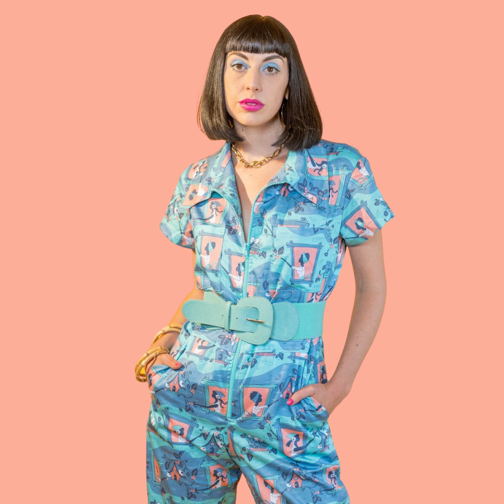 Brownstone Betties Jumpsuit in Aqua & Peach Jumpsuit La Vie Bien Brownstone Betties Jumpsuit in Aqua & Peach
