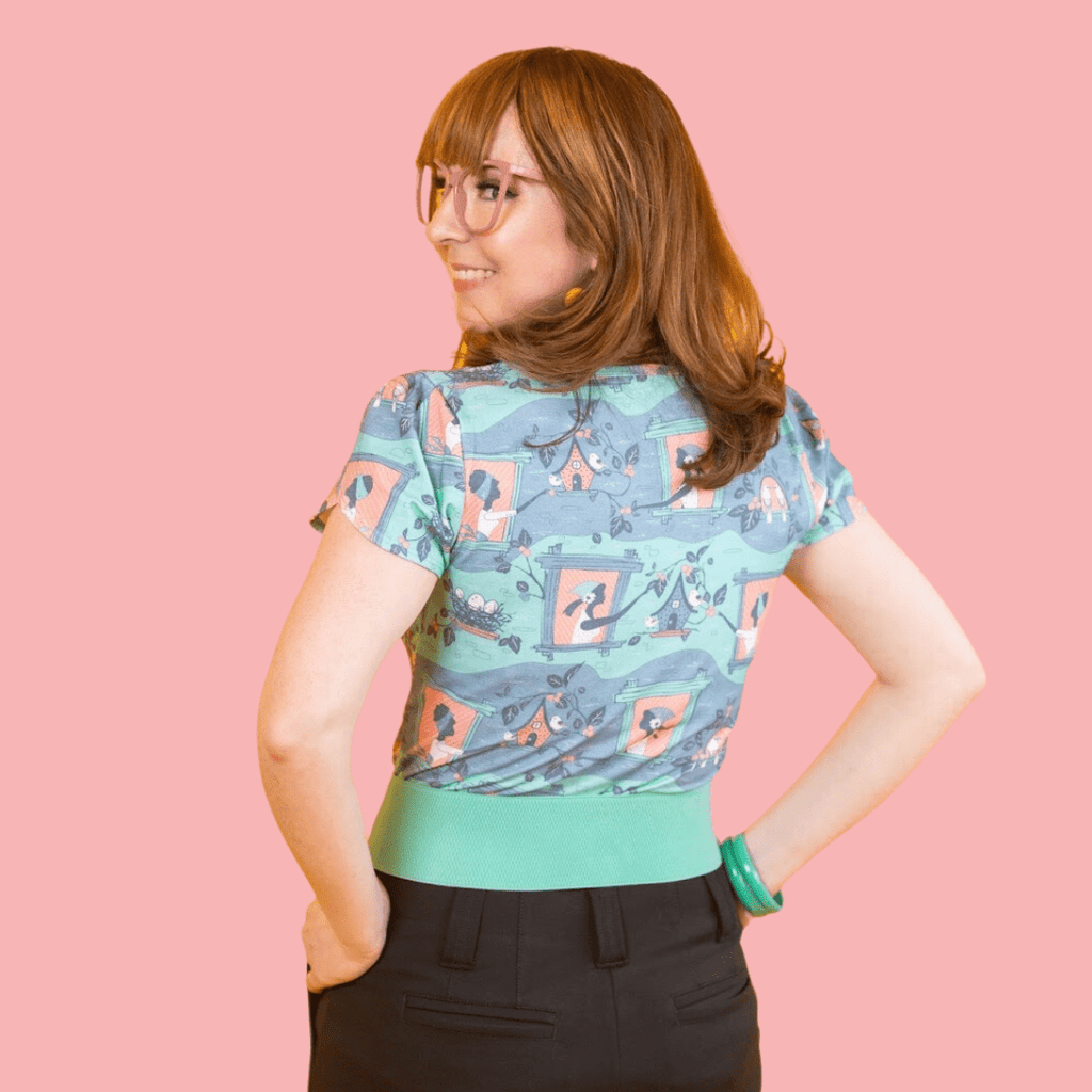 Brownstone Betties Tulip Sleeve Tee in Aqua & Peach Allover print tee La Vie Bien Brownstone Betties Tulip Sleeve Tee in Aqua & Peach