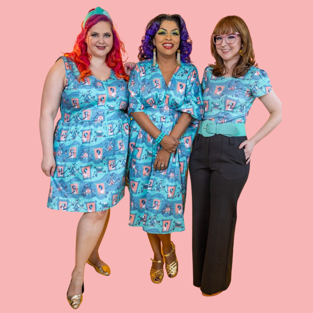 Brownstone Betties Tulip Sleeve Tee in Aqua & Peach Allover print tee La Vie Bien Brownstone Betties Tulip Sleeve Tee in Aqua & Peach