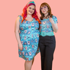 Brownstone Betties Tulip Sleeve Tee in Aqua & Peach Allover print tee La Vie Bien Brownstone Betties Tulip Sleeve Tee in Aqua & Peach