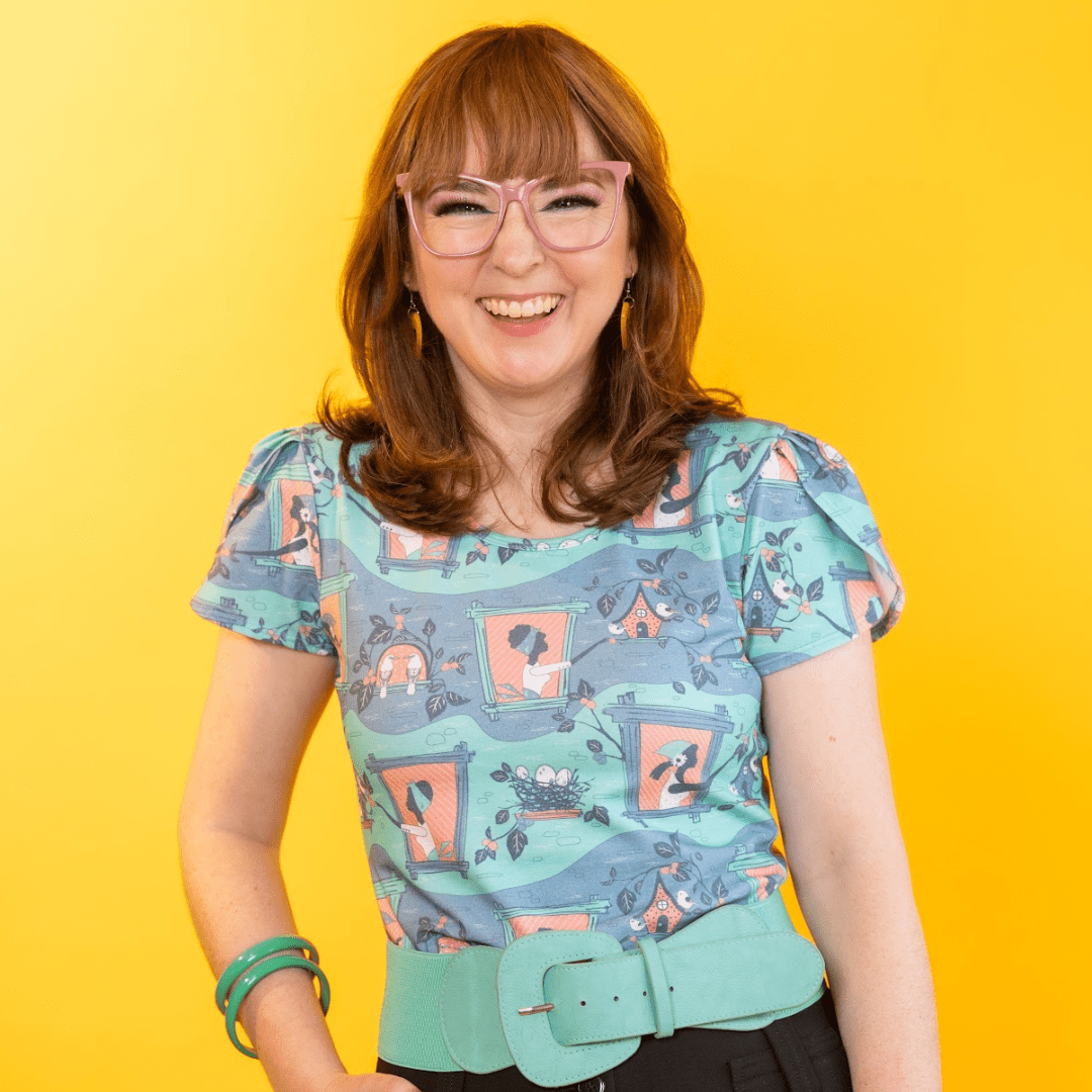 Brownstone Betties Tulip Sleeve Tee in Aqua & Peach Allover print tee La Vie Bien Brownstone Betties Tulip Sleeve Tee in Aqua & Peach