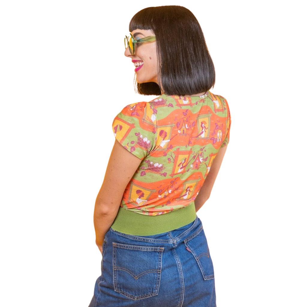 Brownstone Betties Tulip Sleeve Tee in Pumpkin & Olive Allover print tee La Vie Bien Brownstone Betties Tulip Sleeve Tee in Pumpkin & Olive