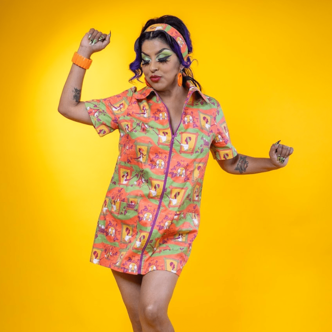 Brownstone Betties Zip - front Mini in Pumpkin & Olive Mini dress La Vie Bien Brownstone Betties Zip - front Mini in Pumpkin & Olive