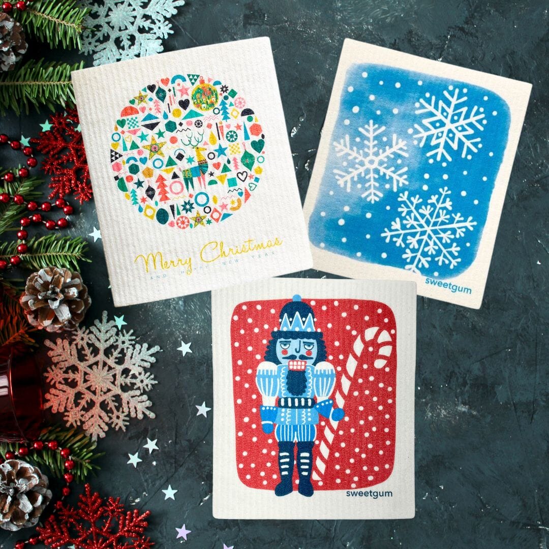 Bundle of 3 Swedish Dishcloths | Blue Nutcracker, Ornament Ball, Blue Snowflakes Swedish Dishcloths La Vie Bien Bundle of 3 Swedish Dishcloths | Blue Nutcracker, Ornament Ball, Blue Snowflakes