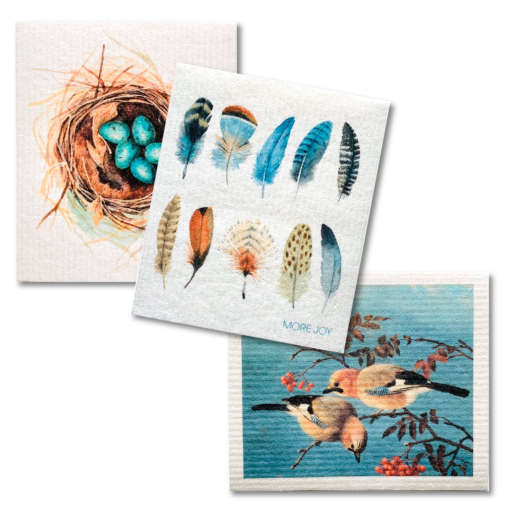 Bundle of 3 Swedish Dishcloths | Nest, Feathers, Jay Birds Swedish Dishcloths La Vie Bien Bundle of 3 Swedish Dishcloths | Nest, Feathers, Jay Birds