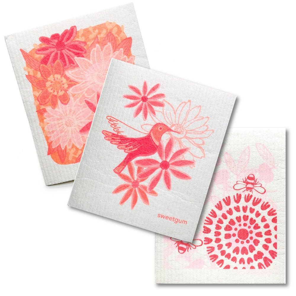 Bundle of 3 Swedish Dishcloths | Pink Flowers & Hummingbird Swedish Dishcloths La Vie Bien Bundle of 3 Swedish Dishcloths | Pink Flowers & Hummingbird